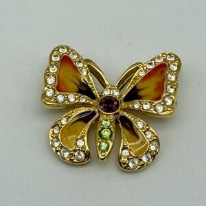 Joan Rivers Butterfly Brooch Orange Yellow Purple Enamel Crystal Pin Gold Tone